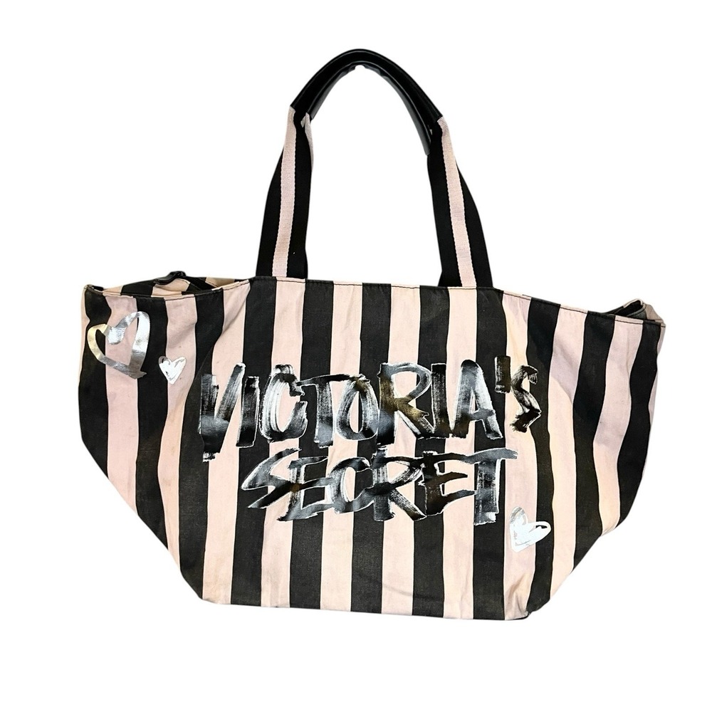 Victoria's Secret Pink Black Oversized Striped Canvas Tote School Bag Travel Y2K